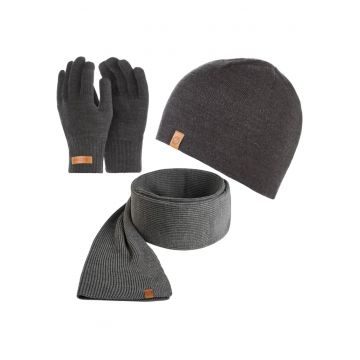 Set 3 in 1 barbati - Brodrene - Caciula + fular + manusi - Acril - Circumferinta 56-60 cm - Gri inchis