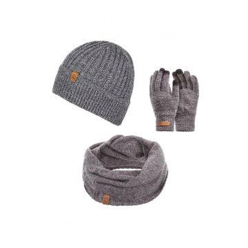 Set 3 in 1 barbati - Brodrene - Caciula + fular tip guler + manusi - Acril - Circumferinta 56-60 cm - Gri deschis