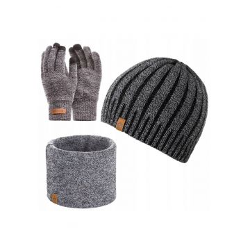 Set 3 in 1 barbati - Brodrene - Caciula + fular tip guler + manusi - Acril - Circumferinta 56-60 cm - Gri deschis