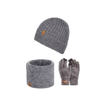 Set 3 in 1 barbati - Brodrene - Caciula + fular tip guler + manusi - Acril - Circumferinta 56-60 cm - Gri deschis