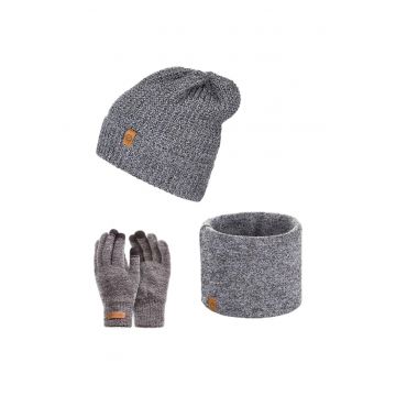 Set 3 in 1 barbati - Brodrene - Caciula + fular tip guler + manusi - Acril - Circumferinta 56-60 cm - Gri deschis