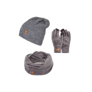 Set 3 in 1 barbati - Brodrene - Caciula + fular tip guler + manusi - Acril - Circumferinta 56-60 cm - Gri deschis