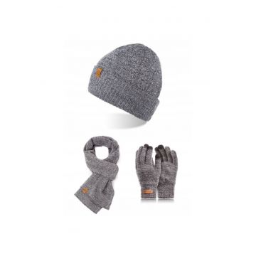 Set caciula cu fular si manusi barbati Brodrene - Acril - Gri