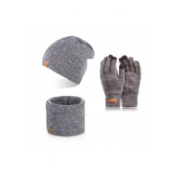 Set caciula cu fular si manusi barbati Brodrene - Acril - Gri