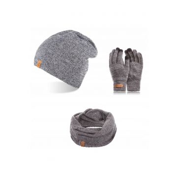 Set caciula cu fular si manusi barbati Brodrene - Acril - Gri