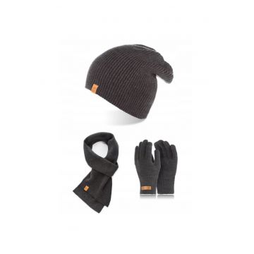 Set caciula cu fular si manusi barbati Brodrene - Acril - Gri inchis