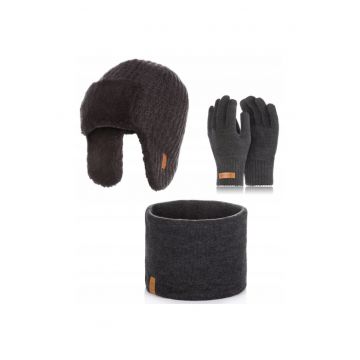 Set caciula cu fular si manusi barbati Brodrene - Acril - Gri inchis