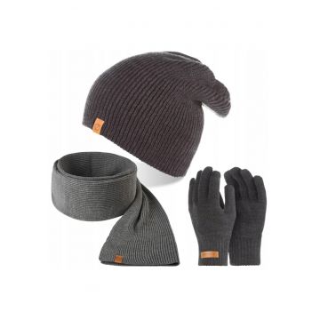 Set caciula cu fular si manusi barbati Brodrene - Acril - Gri inchis