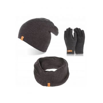 Set caciula cu fular si manusi barbati Brodrene - Acril - Gri inchis