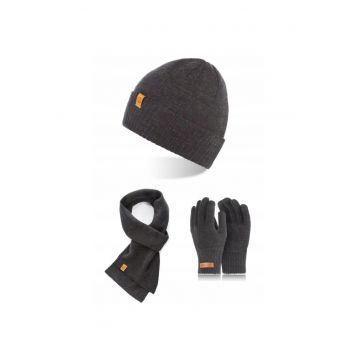 Set caciula cu fular si manusi barbati Brodrene - Acril - Gri inchis