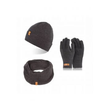 Set caciula cu fular si manusi barbati Brodrene - Acril - Gri inchis