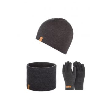 Set caciula cu fular si manusi barbati Brodrene - Acril - Gri inchis
