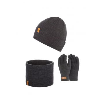 Set caciula cu fular si manusi barbati Brodrene - Acril - Gri inchis