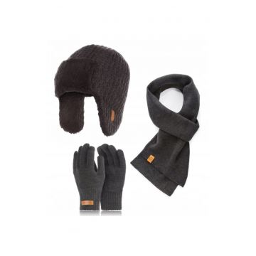 Set caciula cu fular si manusi barbati Brodrene - Acril - Gri inchis