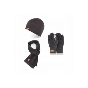 Set caciula cu fular si manusi barbati Brodrene - Acril - Gri inchis