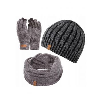 Set caciula cu fular si manusi barbati Brodrene - Acril - Gri