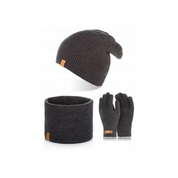 Set caciula cu manusi si fular Brodrene - Acril - Universal - Gri inchis