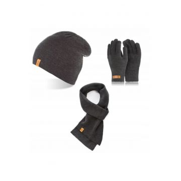 Set caciula cu manusi si fular Brodrene - Acril - Universal - Gri inchis