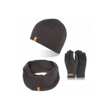 Set caciula cu manusi si fular Brodrene - Acril - Universal - Gri inchis
