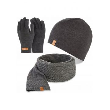 Set caciula - manusi si fular barbati - Brodrene - Acril - Dimensiune universala - Gri