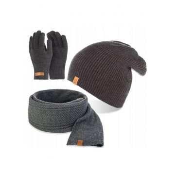 Set caciula - manusi si fular barbati - Brodrene - Acril - Dimensiune universala - Gri grafit