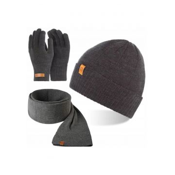 Set caciula - manusi si fular barbati - Brodrene - Acril - Dimensiune universala - Gri inchis