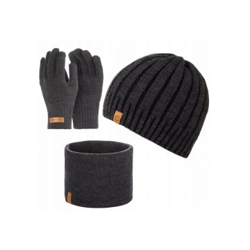 Set caciula - manusi si fular barbati - Brodrene - Acril - Dimensiune universala - Gri inchis