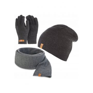 Set caciula - manusi si fular barbati - Brodrene - Acril - Dimensiune universala - Gri inchis
