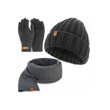 Set caciula - manusi si fular barbati - Brodrene - Acril - Dimensiune universala - Gri inchis