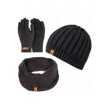 Set caciula - manusi si fular barbati - Brodrene - Acril - Dimensiune universala - Gri inchis