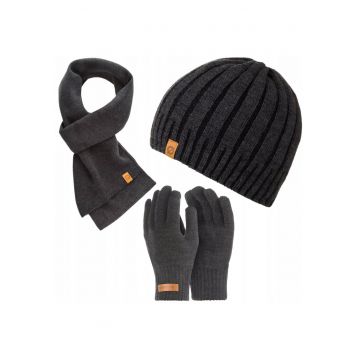 Set caciula - manusi si fular barbati - Brodrene - Acril - Dimensiune universala - Gri inchis