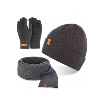 Set caciula - manusi si fular barbati - Brodrene - Acril - Dimensiune universala - Gri inchis