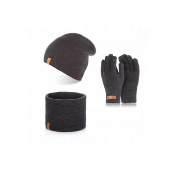 Set caciula - manusi si fular barbati - Brodrene - Acril - Dimensiune universala - Gri