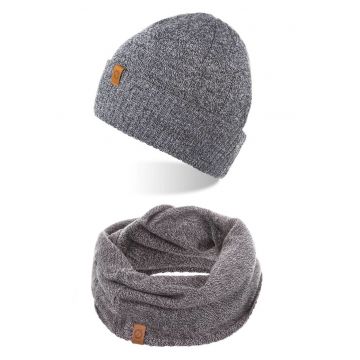 Set caciula si fular barbati - Brodrene - Acril - Dimensiune universala - Gri deschis