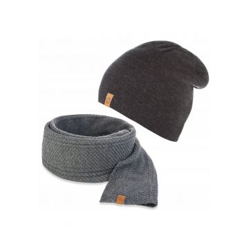 Set caciula si fular barbati - Brodrene - Acril - Dimensiune universala - Gri inchis