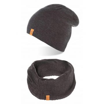 Set caciula si fular barbati - Brodrene - Acril - Dimensiune universala - Gri inchis