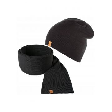Set caciula si fular barbati - Brodrene - Acril - Dimensiune universala - Negru