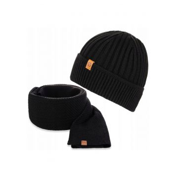 Set caciula si fular barbati - Brodrene - Acril - Dimensiune universala - Negru