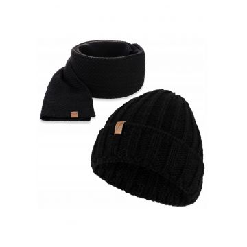 Set caciula si fular barbati - Brodrene - Acril - Dimensiune universala - Negru