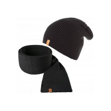 Set caciula si fular barbati - Brodrene - Acril - Dimensiune universala - Negru