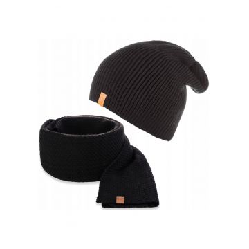 Set caciula si fular barbati - Brodrene - Acril - Dimensiune universala - Negru