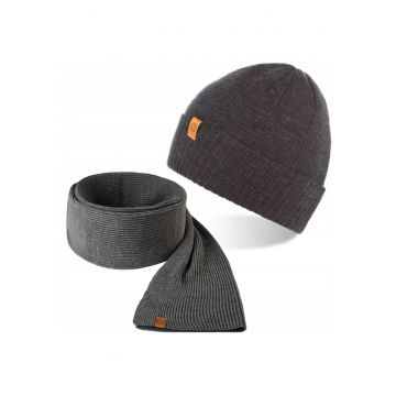 Set caciula si fular barbati Brodrene - Acril - Gri inchis