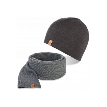 Set caciula si fular barbati - Brodrene - Fleece - Dimensiune universala - Gri inchis