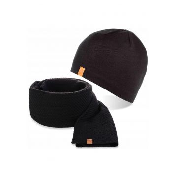 Set caciula si fular barbati - Brodrene - Fleece - Dimensiune universala - Negru