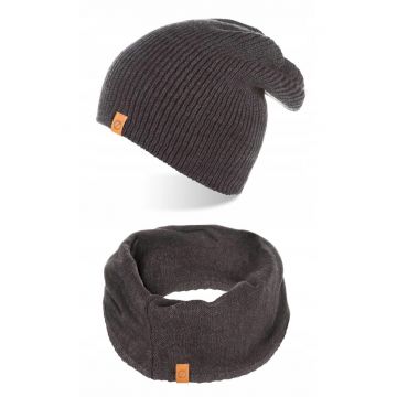 Set caciula si fular barbati - Brodrene - Lana - Dimensiune universala - Gri