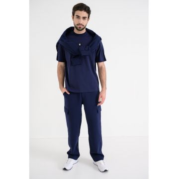 Tricou cu decolteu la baza gatului si logo - Albastru indigo