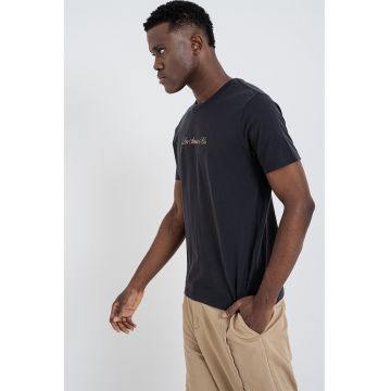 Tricou din bumbac cu decolteu la baza gatului si logo - Bej/Negru stins