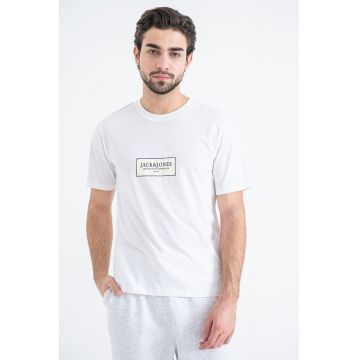 Tricou din bumbac cu detaliu logo pe piept - Alb optic/Crem