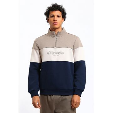 Bluza de trening cu guler si fermoar scurt - Maro nisip/Bleumarin