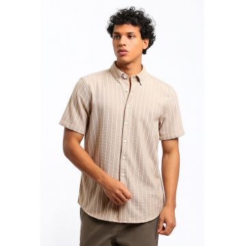 Camasa cu guler fixat cu nasturi si maneca scurta - Alb/Bej